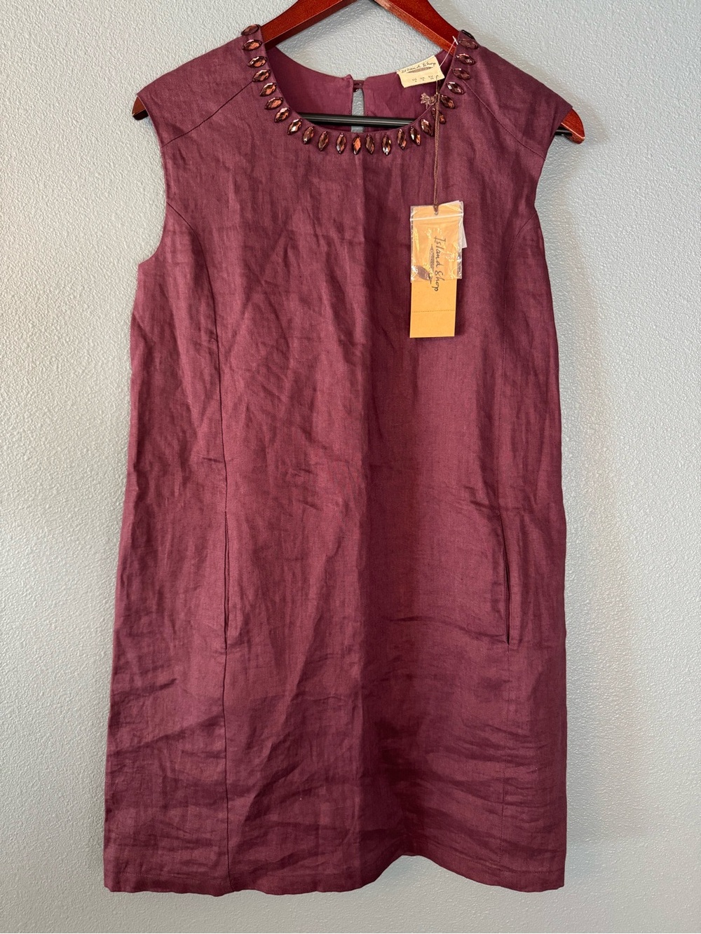 NWT Island Shop 100% Linen Shift Dress US 4 Maroon Embellished Sleeveless